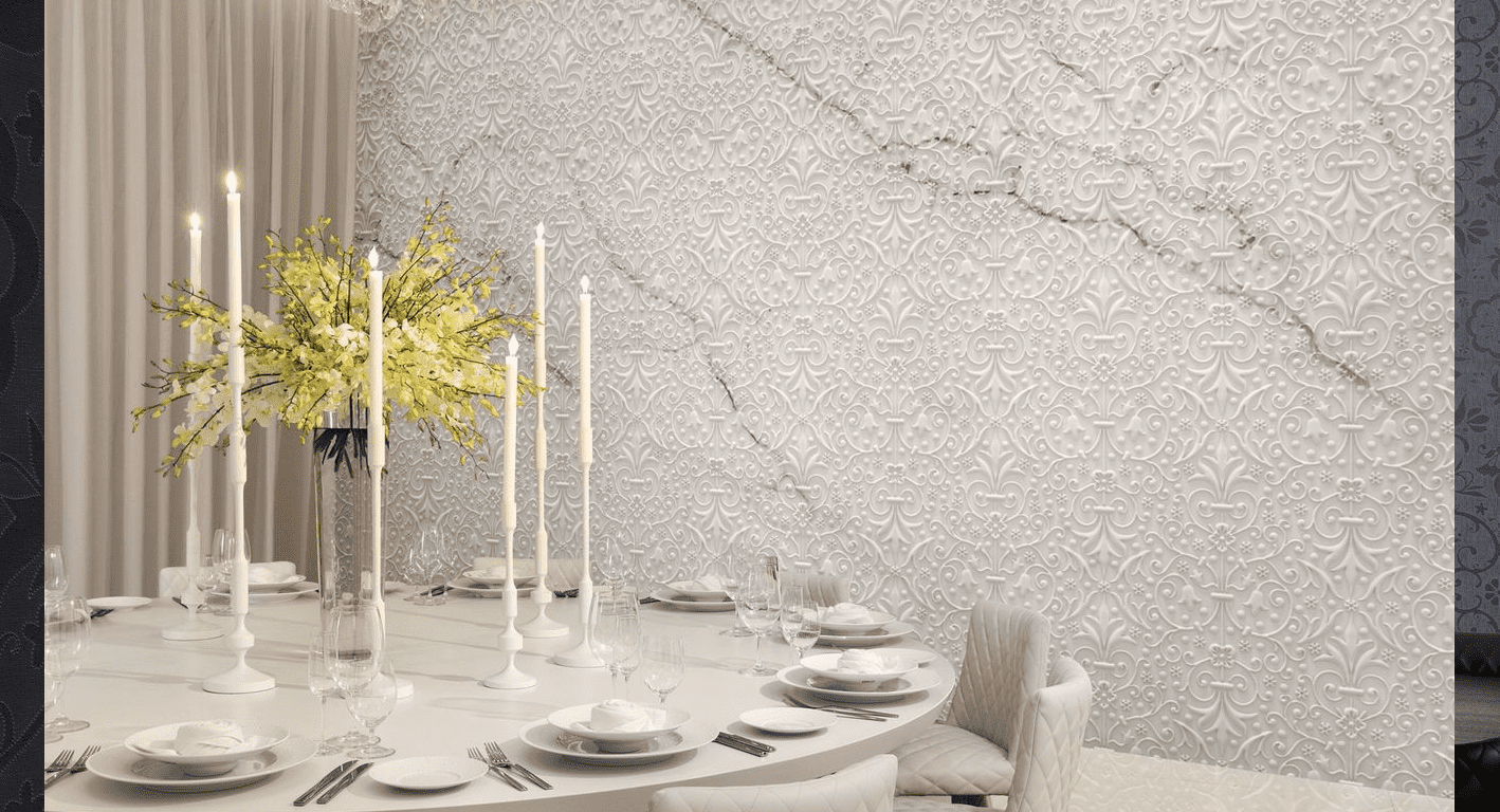 Imagen de salon con una decoración en blanco con mesa preparada para comensales